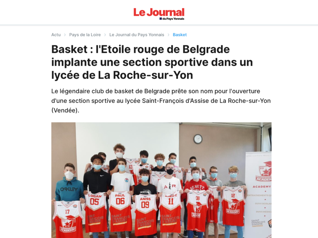 Article du 04 septembre 2020 par le Journal du Pays Yonnais. Basket : l’Etoile rouge de Belgrade implante une section sportive...